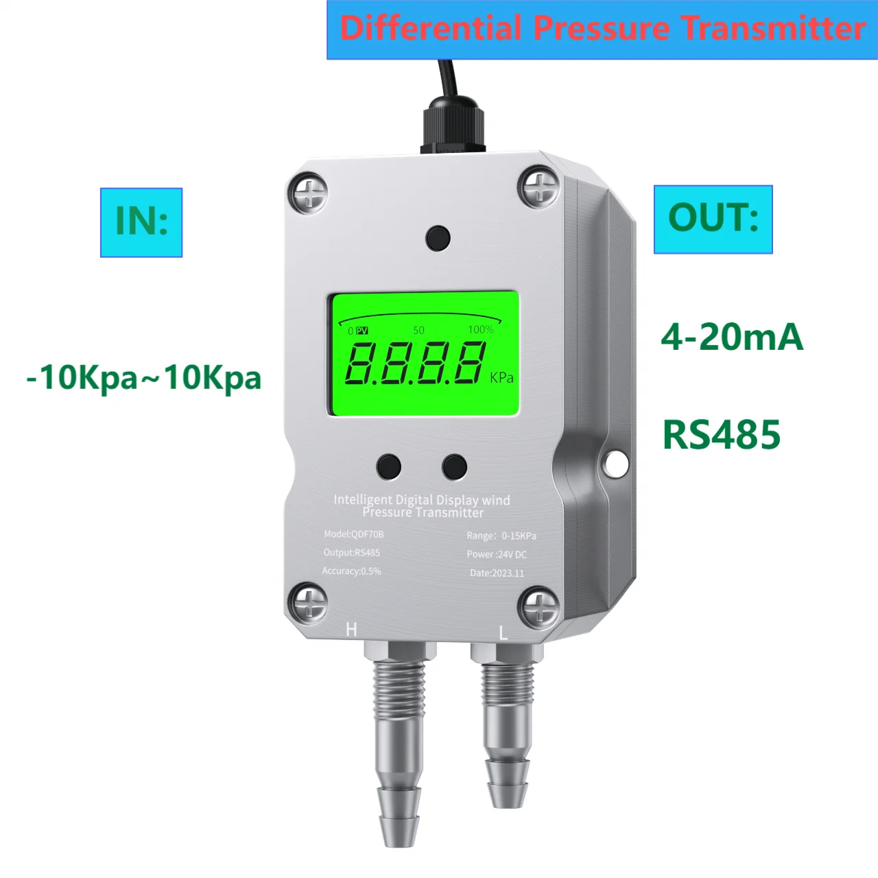 

RS485 LCD Differential Pressure Transmitter 4-20mA 0-10V Differential Pressure Transducer 3KPa 200Pa 500Pa Gas Pressure Sensor