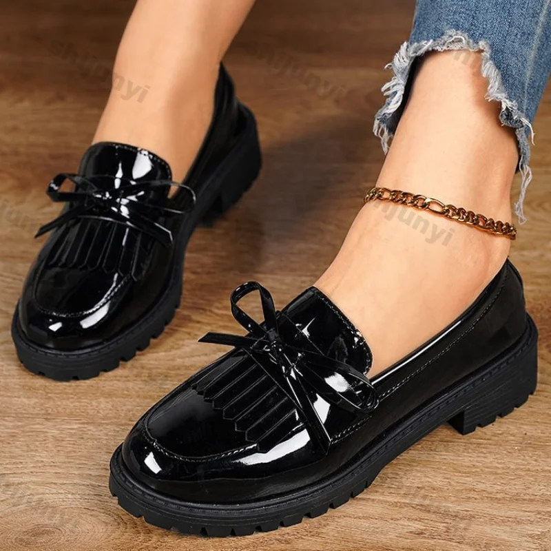 

Black Loafers for Women Platform PU Leather Casual Shoes Woman Spring New Comfort Tassel Slip on Flats Single-shoe Plus Size 43