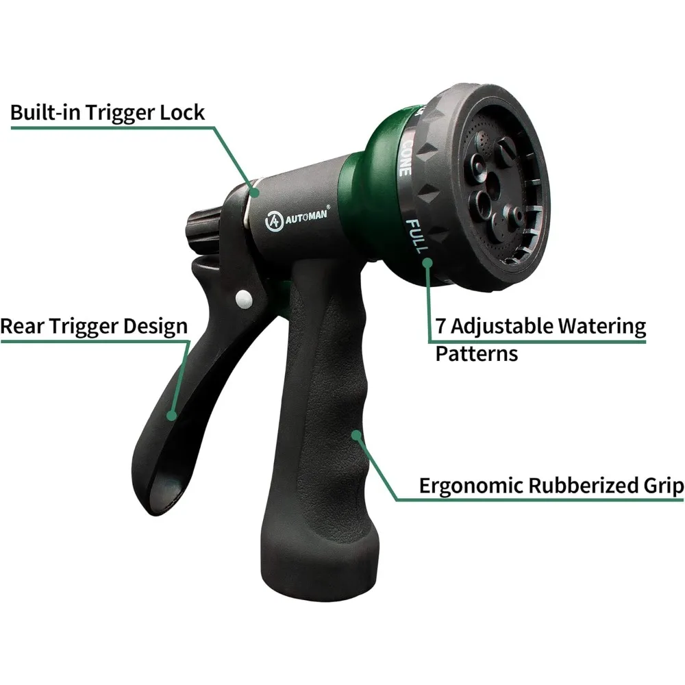 7-Pattern Water Spray Nozzle for Garden Hoses, ABS+TPR Ergonomic Grip, Lock-On Design