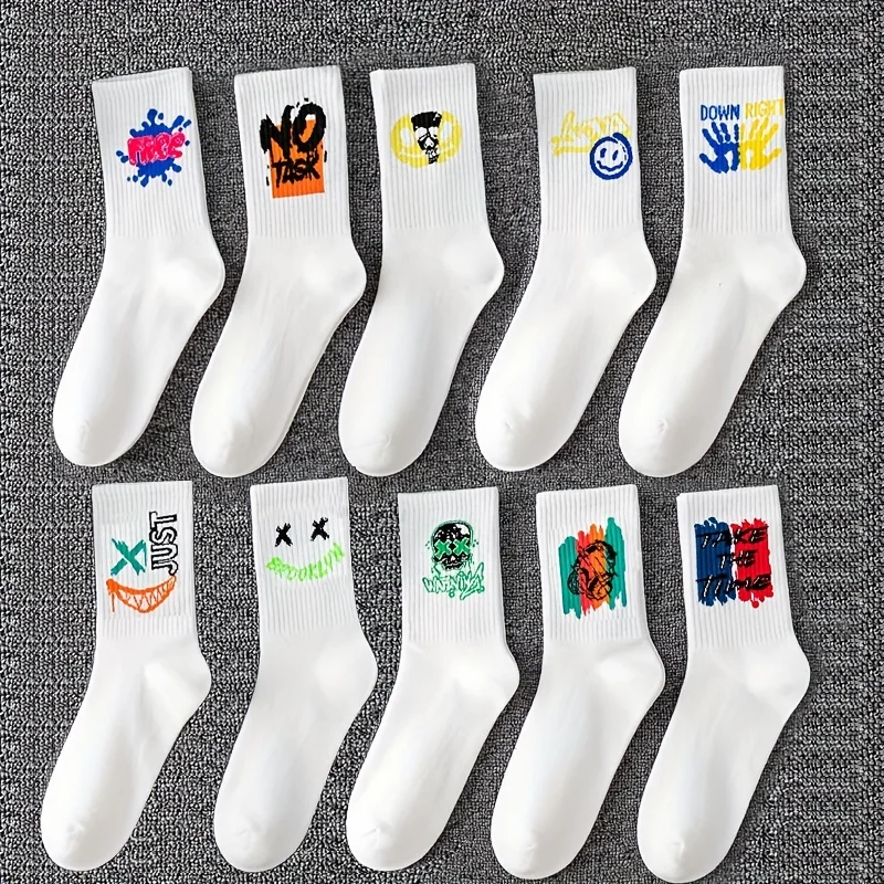 5/10 Pairs Women Men Crew Socks Cool Cartoon Pattern Couple Funny Socks Middle Tube Basketball Socks Paired Halloween