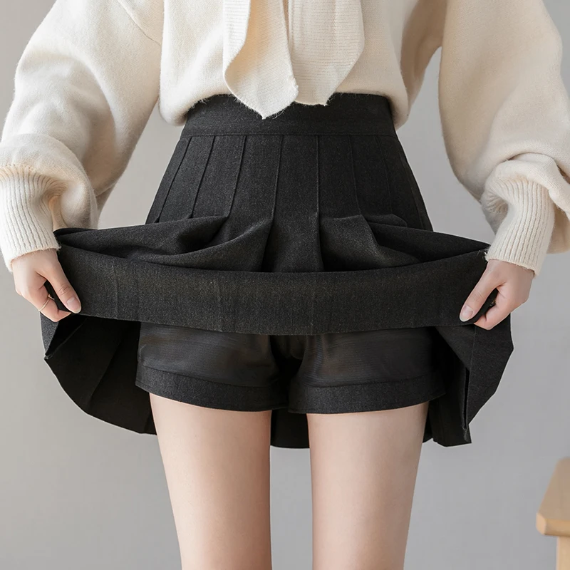 Winter Woolen Mini Pleated Skirt Woman Vintage Elastic High Waist Grey Black Skirts With Shorts A-line Preppy Kawaii Skirt Women