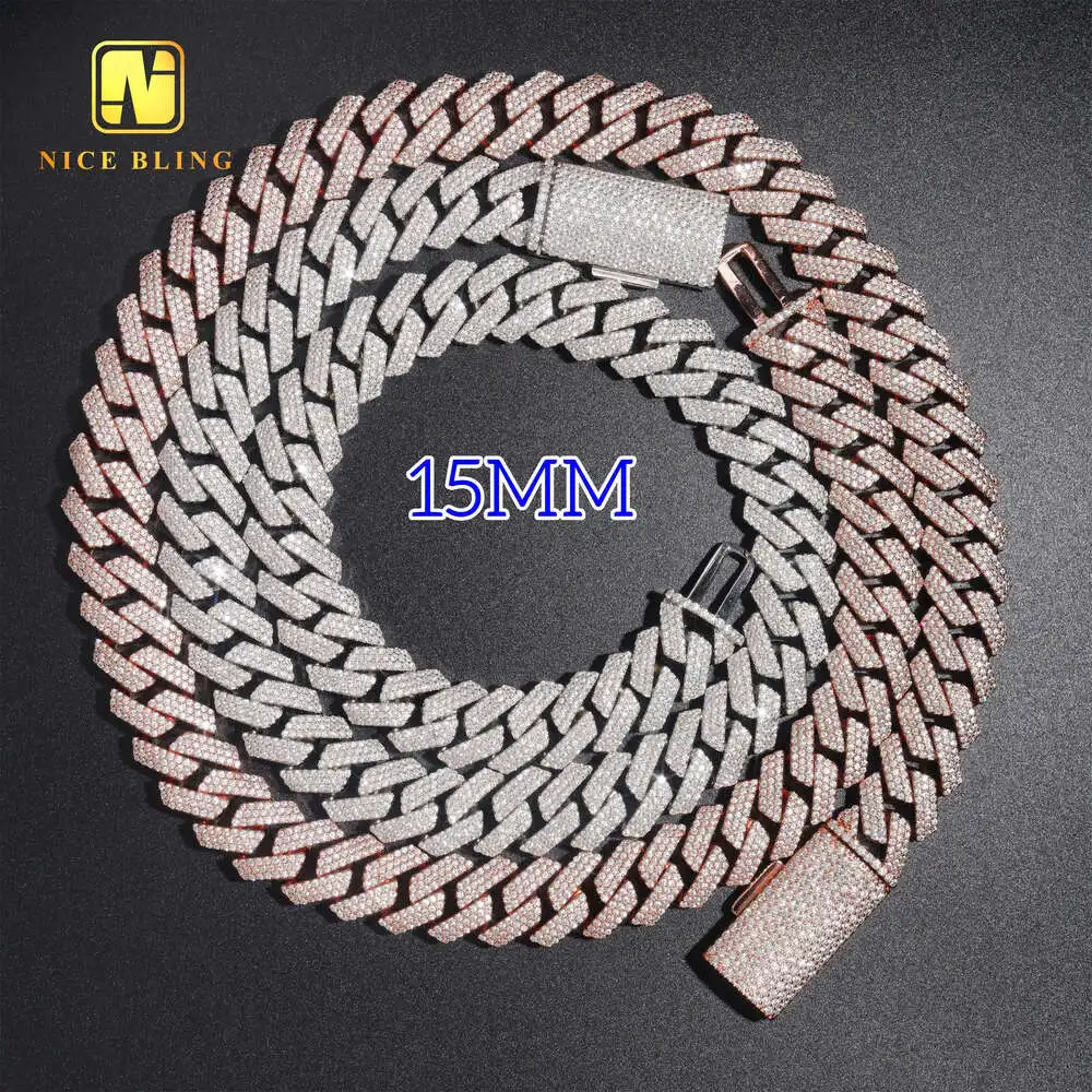 Cheap Price 3rows 15mm Moissanite Cuban Link Chains Hip Hop Iced Out Jewelry 925 Silver Thick Cuban Chain Men Necklace Bracelet