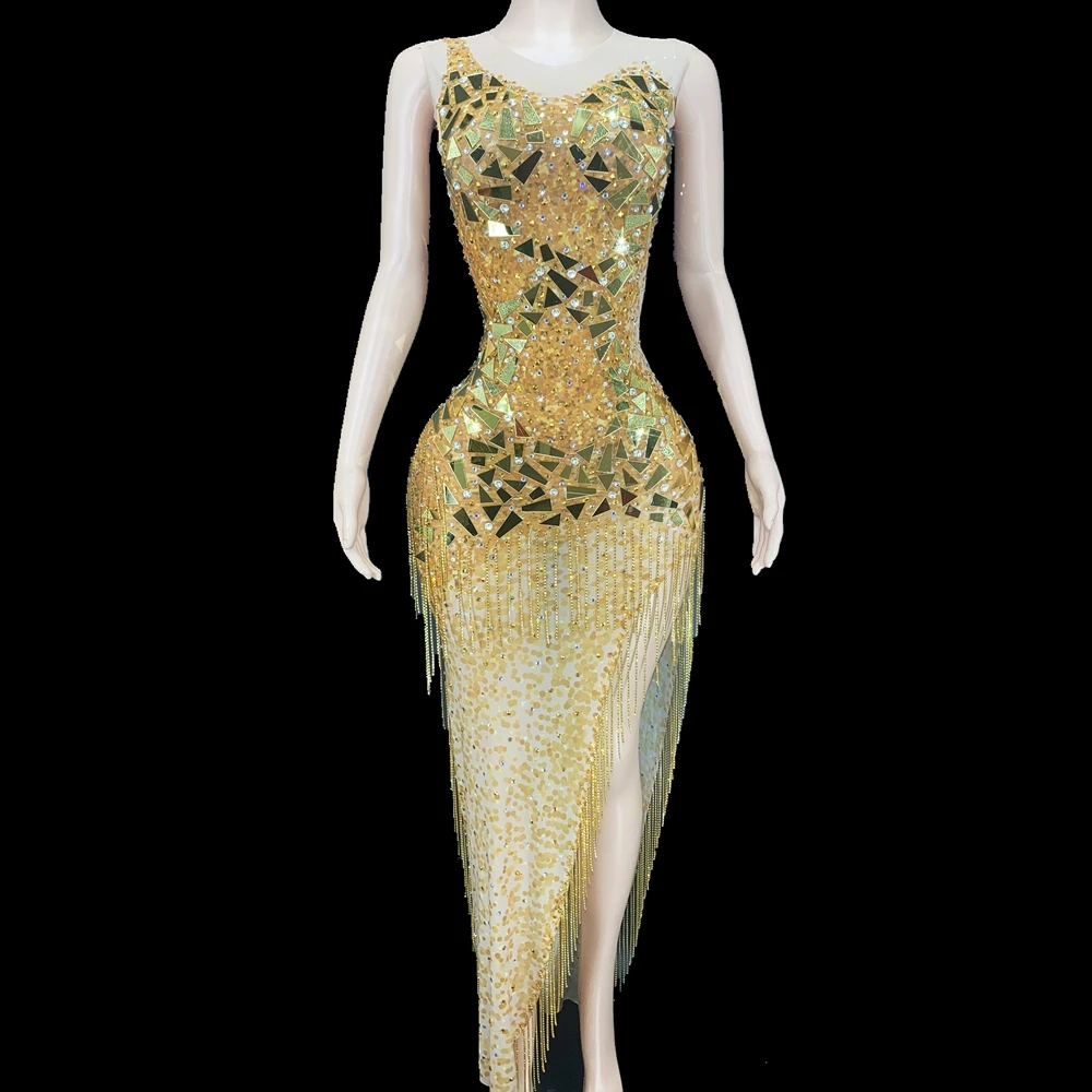 Sparkly Gold Spiegel Strass Franjes Lange Jurk Mouwloze Vrouwen Vieren Avond Verjaardag Jurk Sexy Split Party Outfit