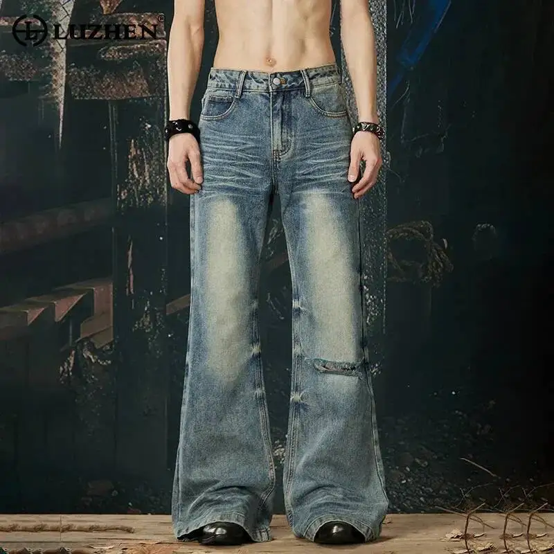 

LUZHEN 2026 New Vintage Style Gradient Washed Broken Hole Design Straight Jeans Men's Fashion Handsome Street Denim Pants JY6874