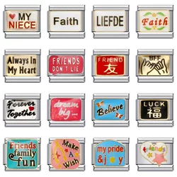 Fashion Colorful Glaze Lucky Believe Friends Charms Italian Links 9mm Bracelets Bangle Stainless Steel DIY Making Jewelry