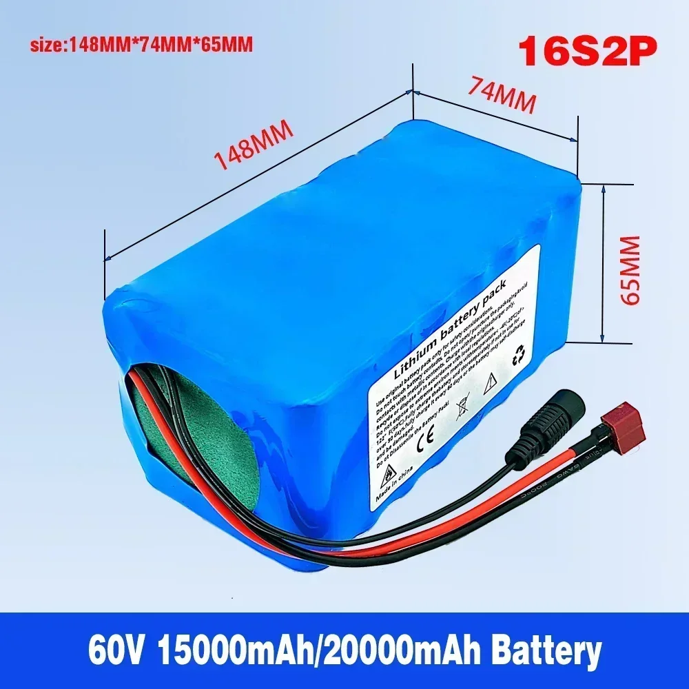 16S2P 60V 18650 15Ah/20Ah Lithium-Ion Battery Pack Built-In BMS High-Power 1000W Is Suitable For 67.2V E-Bike Electric Scooter.