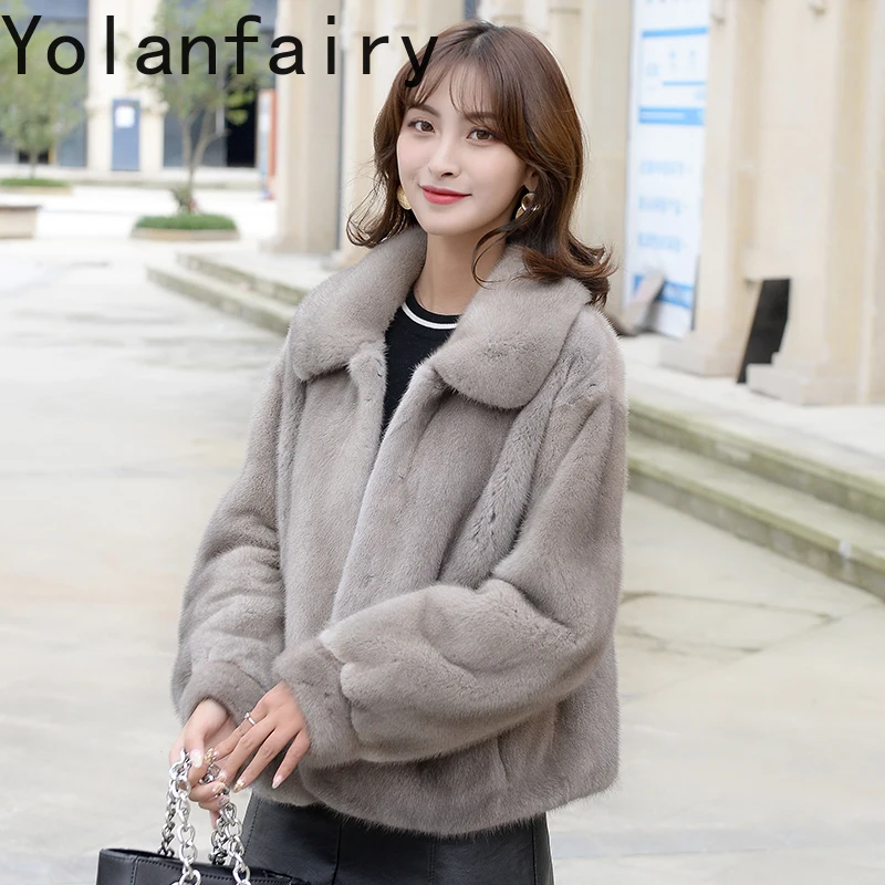 YOLANFAIRY Krótki Naturalny Płaszcz z Prawdziwego Futra Norki Damski Zimowy z Klapami Płaszcze z Prawdziwego Futra Damskie Kurtki z Futra Norki Odzież Wierzchnia Fourrure Manteau