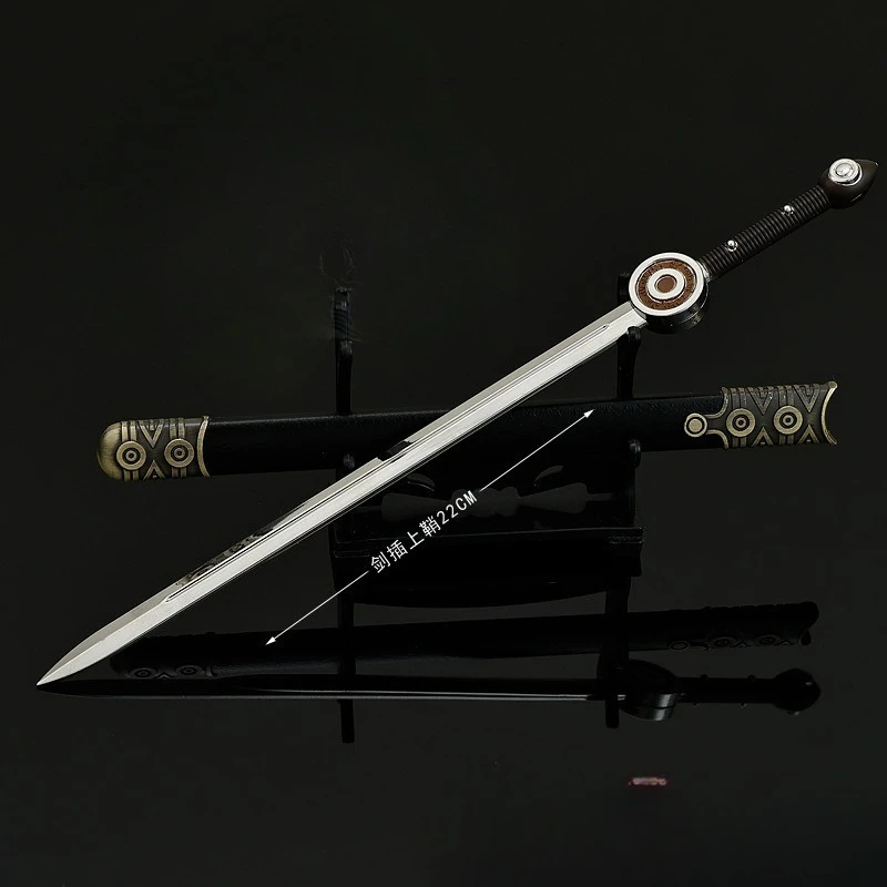 22 سنتيمتر سبعة السيف فيلم والتلفزيون الطرفية مو لانج الشمس والقمر المزدوج السيوف الأسلحة نموذج مع غمد الحرفية حلية الصبي لعبة هدية
