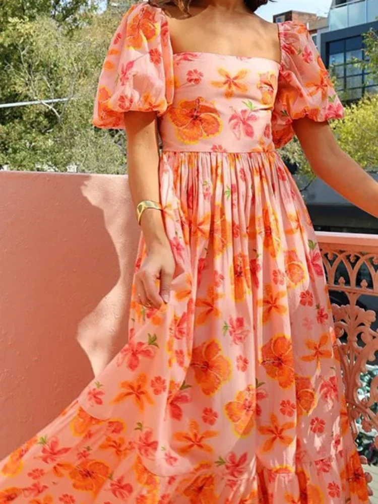 Short Puff Sleeves Maxi Dress for Women High Waist Orange Beach Midi Skirt Square Collar Printing Female Holiday Long Dresses