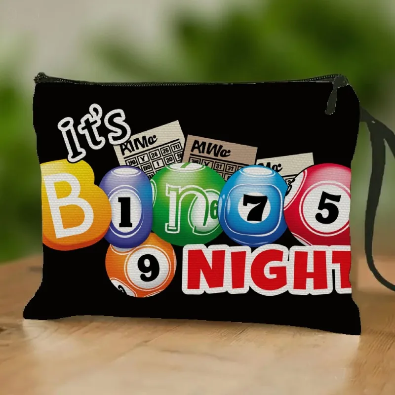 Wristlet Bingo Night Zippered Fashionable and Convenient Makeup Bag, with Bingo Ball and Card Patterns, Suitable for Game Nights