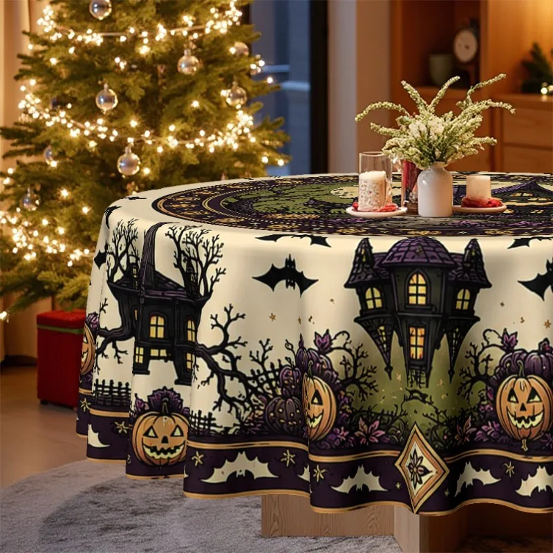 One tablecloth, with a Halloween theme, featuring designs of haunted houses, bats and pumpkins.