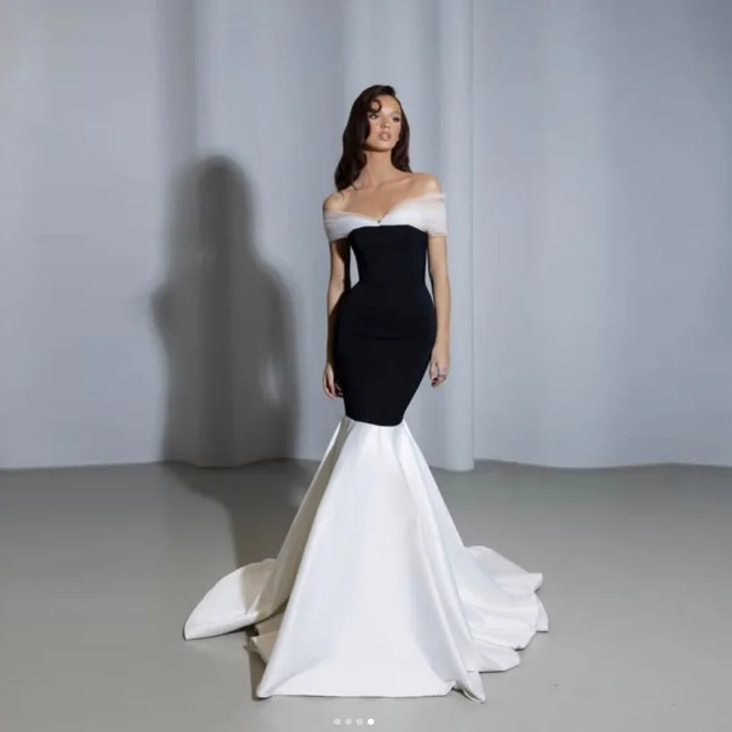 ชุดเดรสยาวสีขาวดำสไตล์ใหม่ ทรงเมอร์เมด แขนกุด คอวี ชุดราตรีงานเลี้ยง ตัดเย็บตามสั่ง ชุดราตรีงานพรอม ผ้าทูล