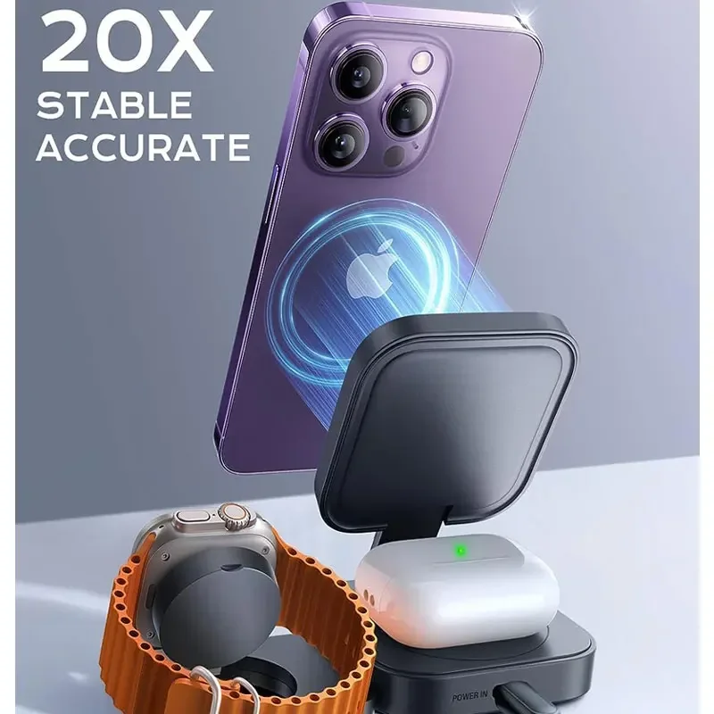 حامل شاحن لاسلكي صغير قابل للطي 3 في 1 لهاتف iPhone 15 14 13 12 Pro Max Apple Watch 8 7 حامل محطة شحن سريعة مغناطيسية #4