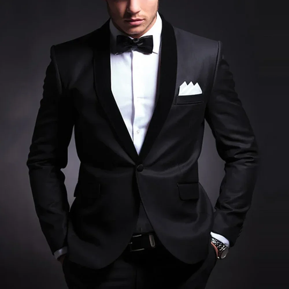 Black Men Suits Wedding Tuxedos One Button Skinny Male Clothing Velvet Shawl Lapel 2 Piece Jakcet Pants Slim Fit Male Clothing