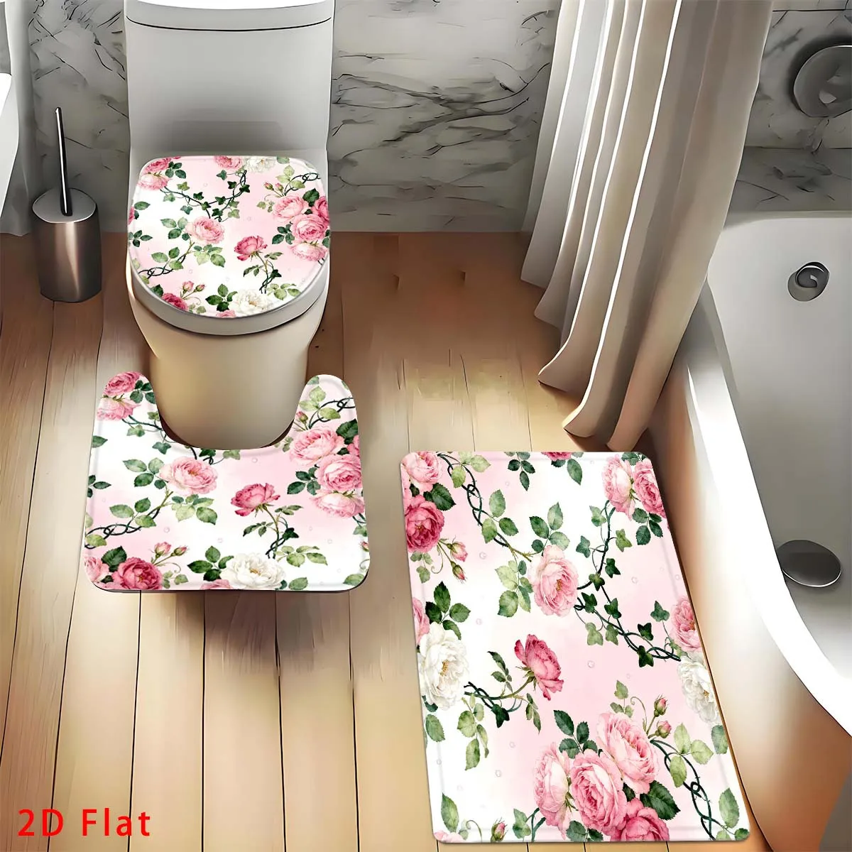 3 Pieces Romantic Pink Rose Vine Bathroom Rugs Set, Watercolor Pink White Rose Flower Green Leaf Vine Pattern Non‑Slip Bath Mat U‑Shaped Rug Toilet Seat Cover, Sweet Floral Home Bathroom Decor Gift
