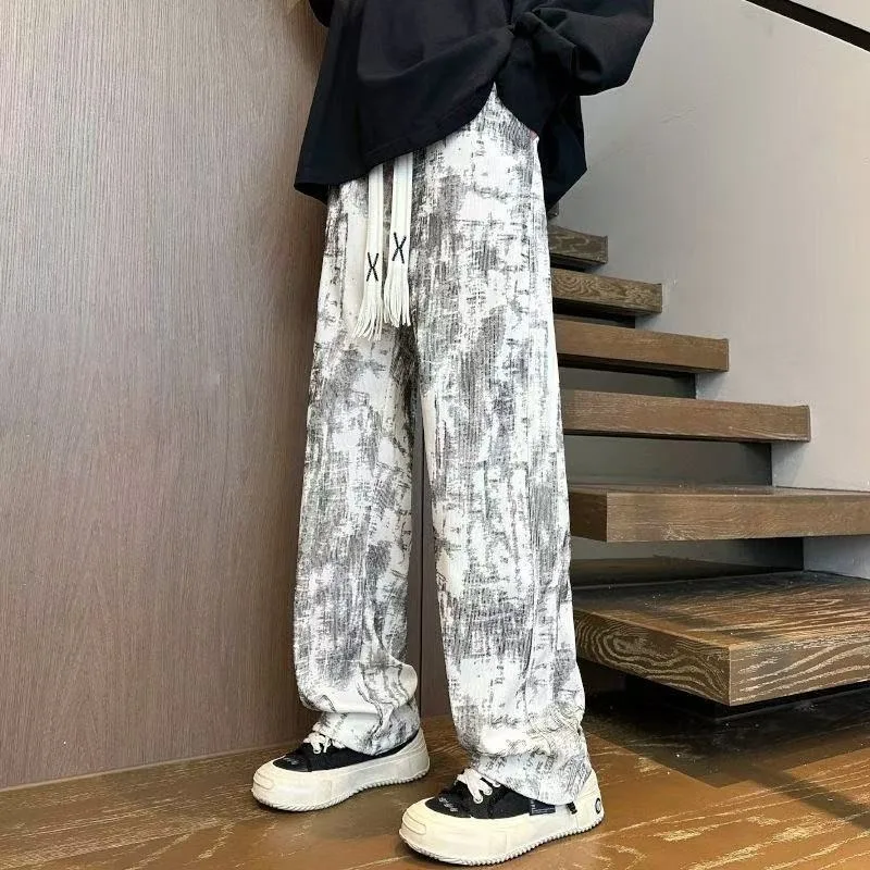 

Lazy Style Tie-dye Trousers for Men Spring and Summer Vintage Sports Loose Sweatpants Casual Elastic Fashionable Straight Pants