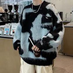 Contrasting Colors Spliced Sweaters Autumn Winter Fashion Tie Dye Men's Clothing Pockets Young Style Loose Knitted Pullovers New