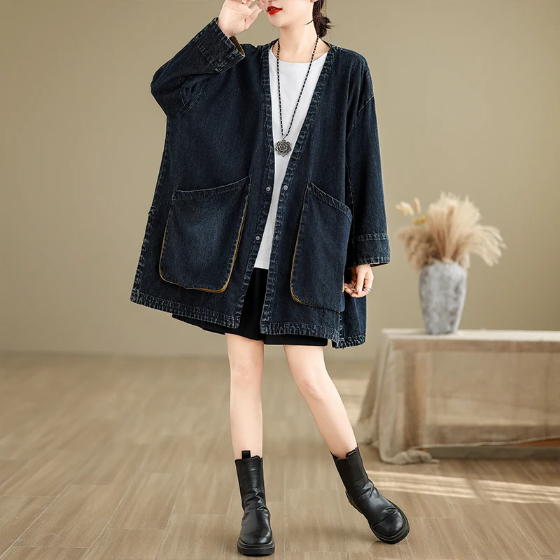 Loose Fit Vintage V-Ne Denim Jaet Autumn Collection Long Sve Mid-Length Coat Lazy Sle Casual Women's Faion