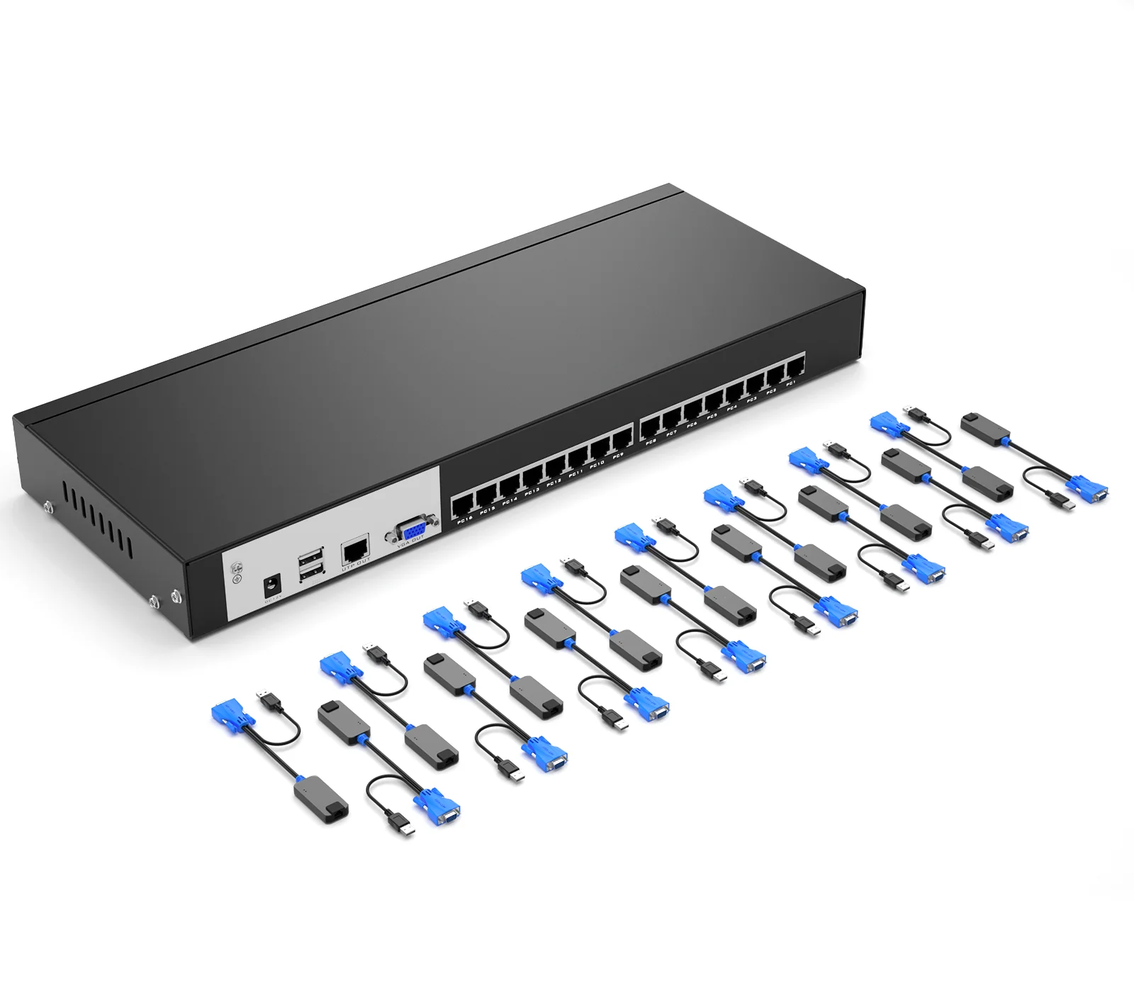 16 Port KVM Switch Over Ethernet + VGA to RJ45 Adapters, MT-VIKI 1U Rack Extender KVM Switch Console by Cat5e 6 7 LAN PortAR