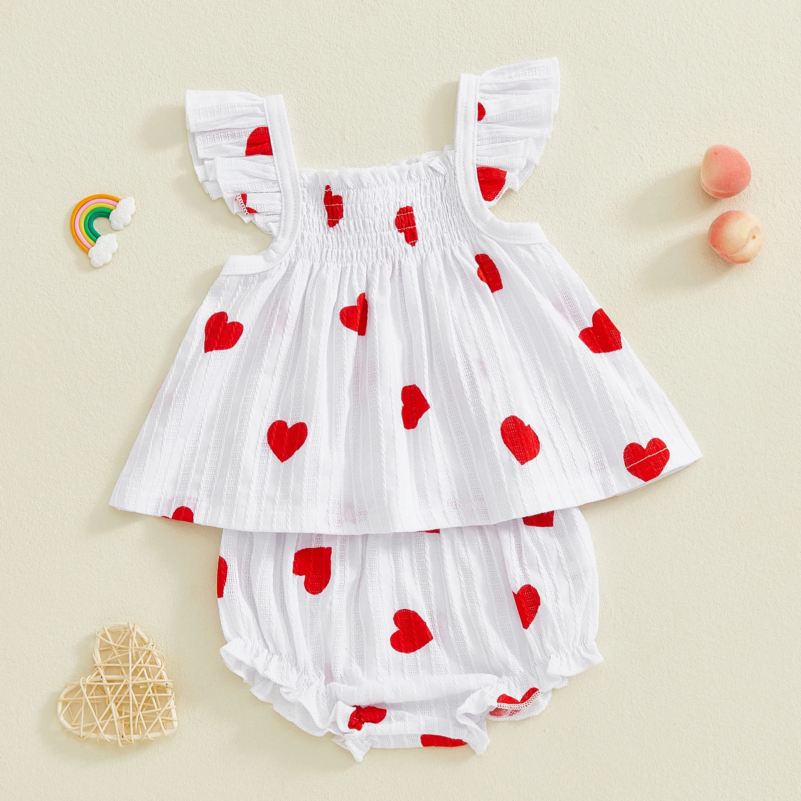 Infant Baby Girls Valentine's Day Outfits Heart Print Flying Sleeve Smocked Tops and Ruffled Shorts Summer 2 Piece Set