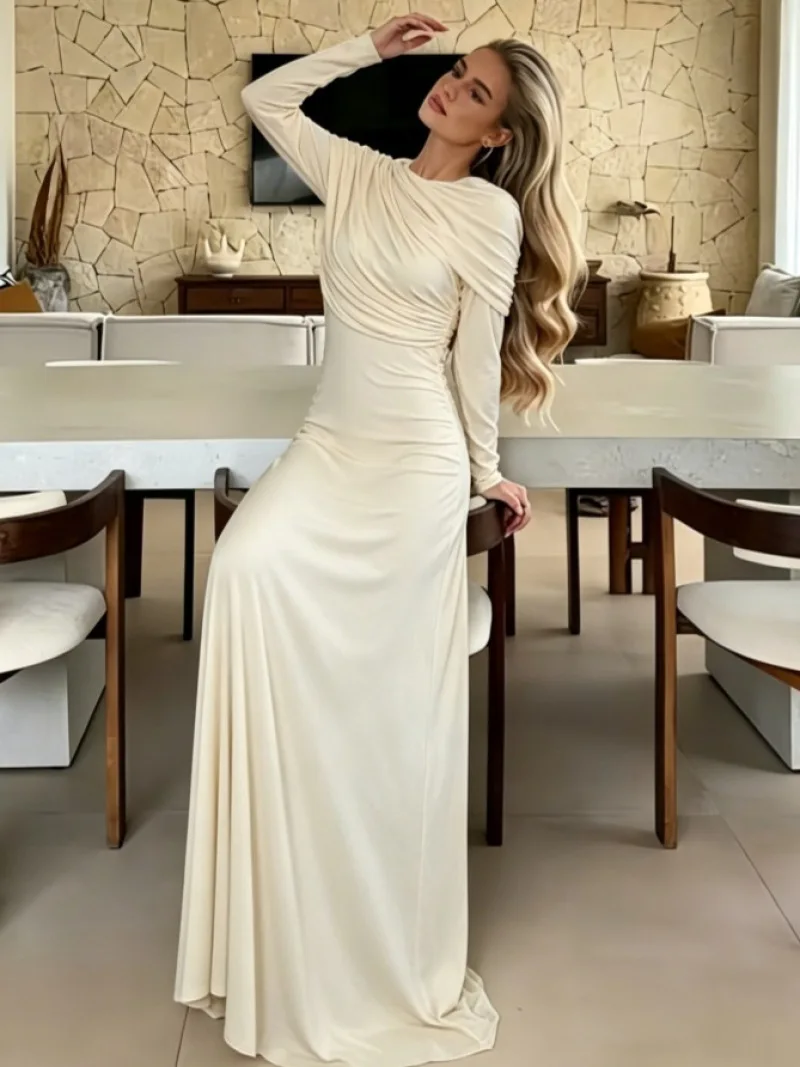 Women Long Sleeve Maxi Dress Draped Shawl Collar Ruched Slim Fit Bodycon Gown Elegant Evening Wedding Party Formal Long Dress
