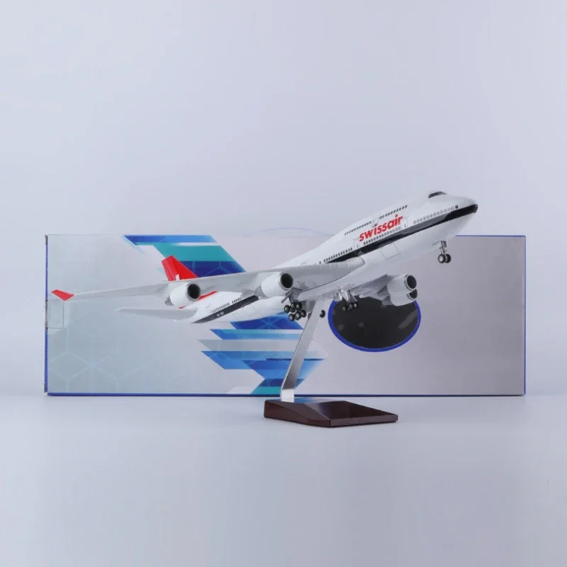 New 1/150 Scale 47CM Airplane 747 B747 Swissair Airline Model LED Light & Wheel Landing Gear Diecast Resin Plane Model Toy Decor