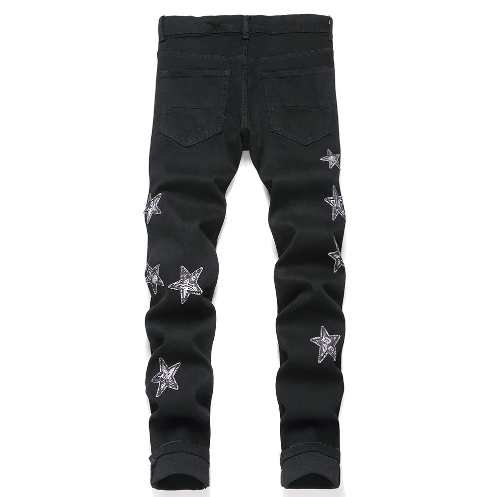 Men Stars Patches Stretch Denim Jeans Streetwear Holes Ripped Black Pants Bandana Print Slim Tapered Trousers