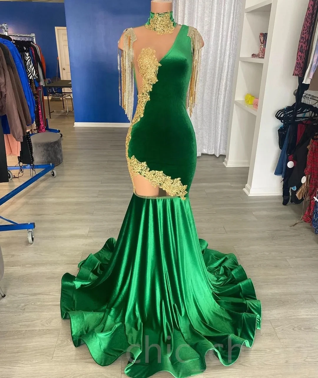 Green African American Prom Dresses Mermaid High Collar Velvet Apppliques Black Girls Nigeria Saudi Arabia Evening Dresses Gown