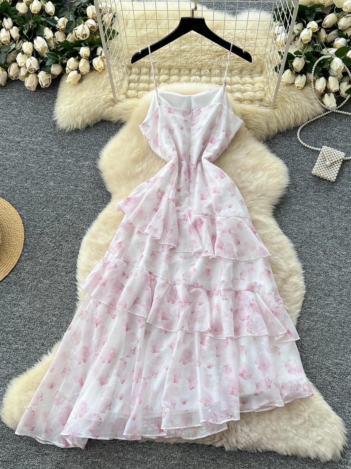 Vestido de Verano con Diseño de Cintura Fruncida y Tirantes, Falda de Vacaciones para Mujer, Dobladillo de Encaje Floral Asim...