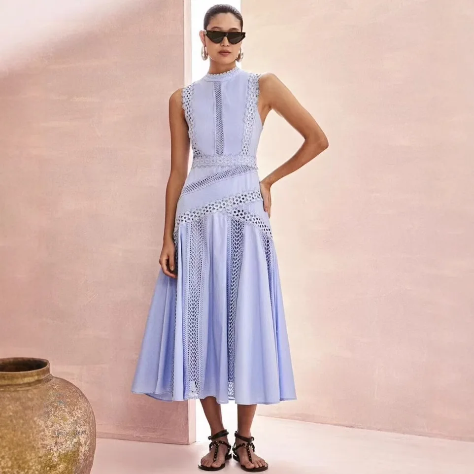 

Summer new elegant style dress with high-quality fabric round neck sleeveless irregular lace patchwork fashionable long skirt