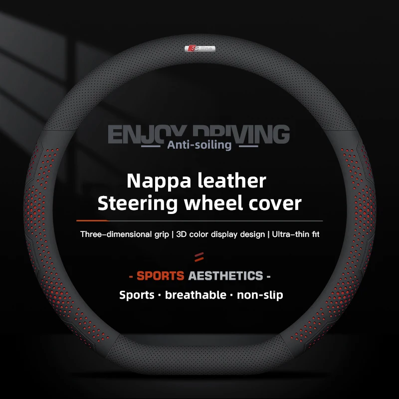 

38cm Diameter Leather Car Steering Wheel Cover For Audi Sline A1 A2 A3 A4 A5 A6 A7 A8 Non-slip Steering Wheel Cover Car Interior