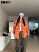 NUOMICI American Hip-hop Orange Plaid Shirt Women 2025 Summer Autumn Trend Fashion Dopamine Loose Casual Style Shirt Jacket