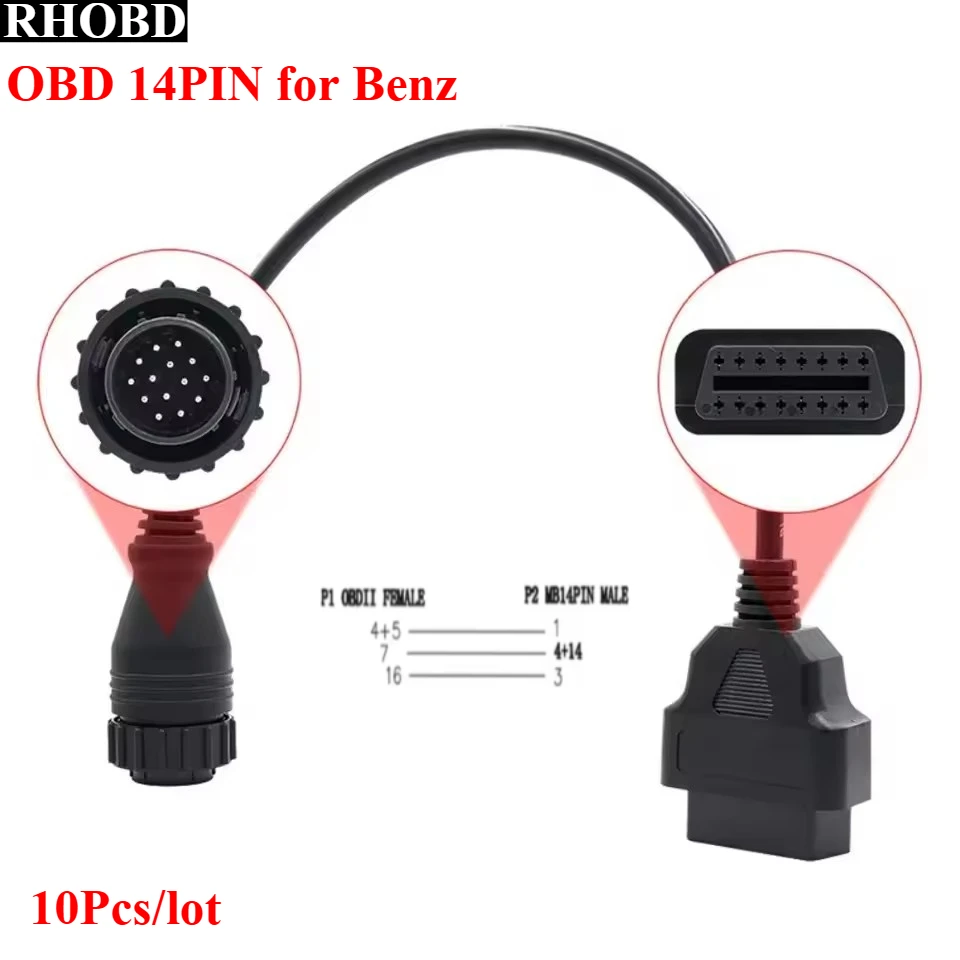 10PCS/lot OBD Adapter Cable for Benz 14Pin To 16 Pin OBD 2 Car Diagnostic Connector 14 Pin To 16Pin Sprinter Cord for Mercedes