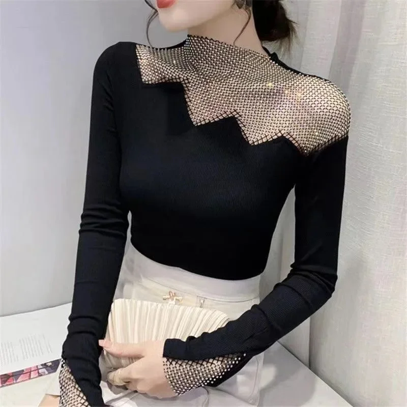 Summer European Clothes Lady Hollow out Blouse Shirts Chic Sexy Patchwork Shiny Diamonds Women Tops Long Sleeve Tops