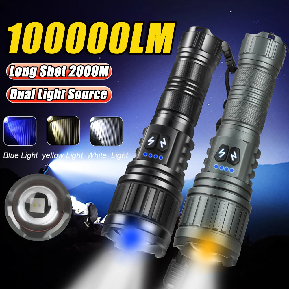 

100000LM Powerful LED Flashlight Super Bright USB Rechargeable Dual Light Source Torch Outdoor Emergency Camping Fishing Lantern