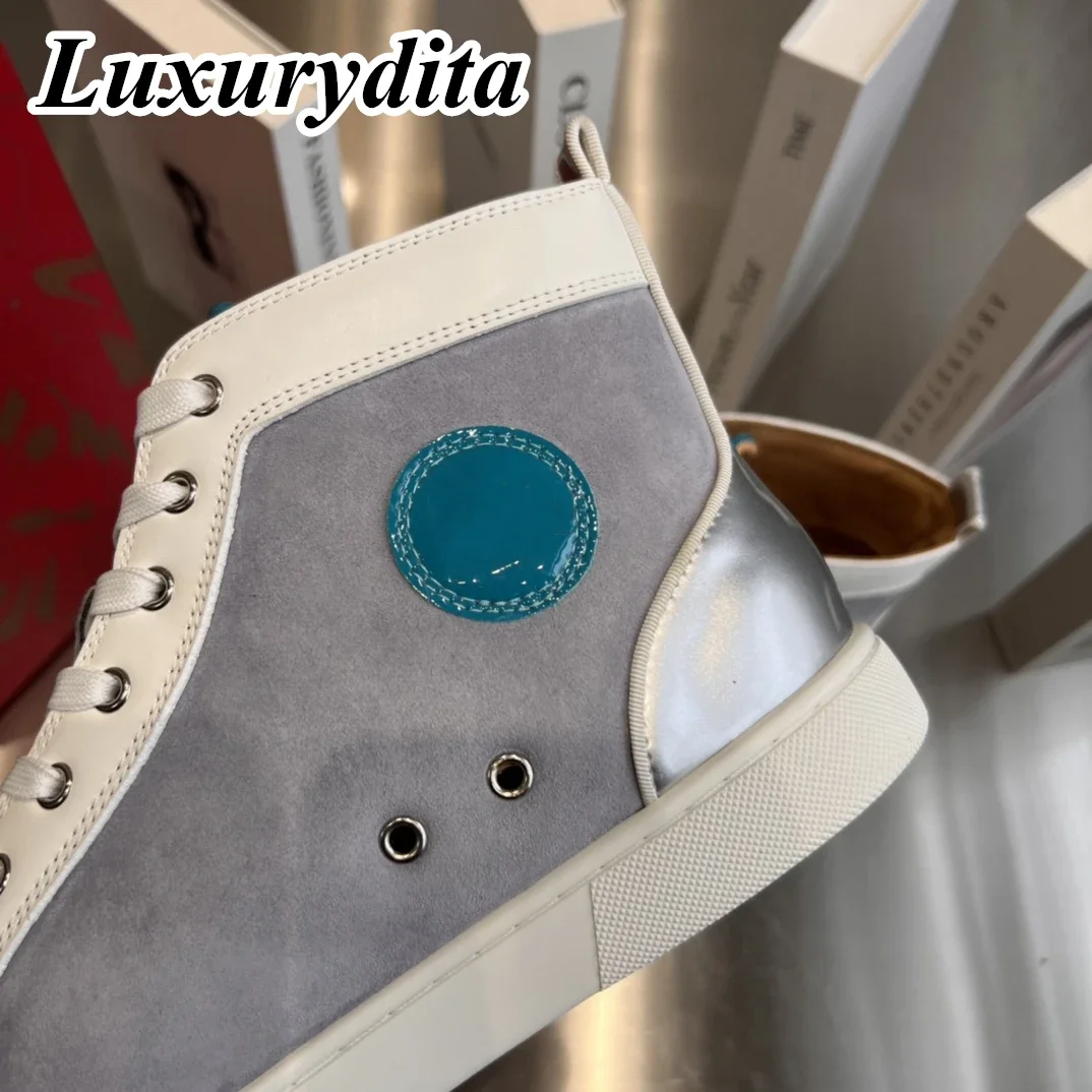 

Top Quality Womens Trendy Casual Sneakers Luxury Mens Real Leather Tennis Shoes Designr Red Sole Tide Lovers Rivet Shoes HJ0221