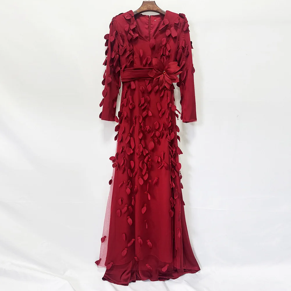 

TOP QUALITY 2026 New Fashion Elegant Long Sleeve Maxi Dresses for Women Luxurious Three Dimensional Flower Fork Long Dress