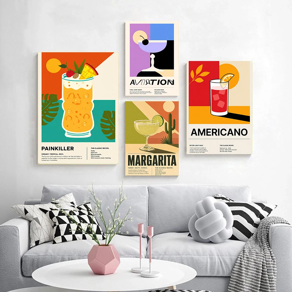 Modern Bar Cart Rum Wine Vodka Recipe Poster Cocktail Wine Modern Prints Canvas Painting Wall Art Picture Home Living Room Decor