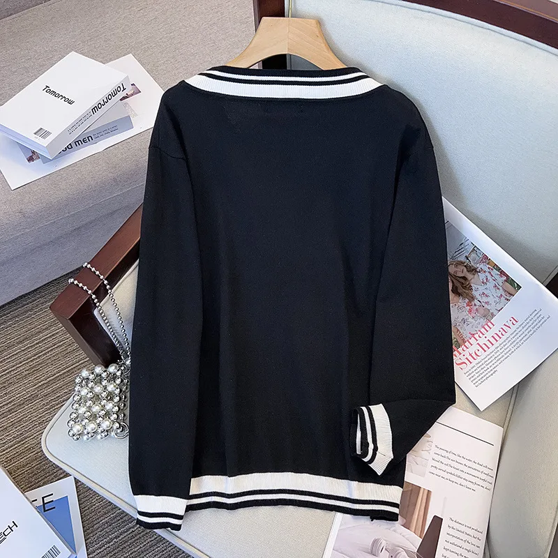 170Kg Plus Size Women\'s Bust 160 Spring Autumn Loose Pullover V-neck Underlay Sweater Stripe Knit 5XL 6XL 7XL 8XL 9XL 10XL