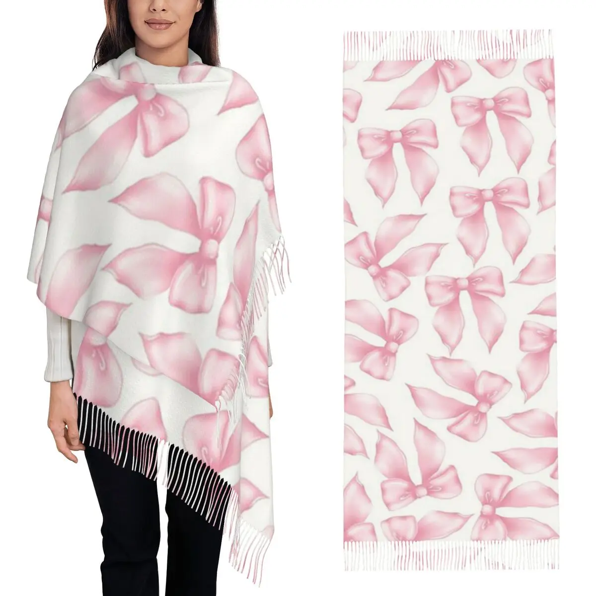Cochuette Pink Bow Bliss-pattern Scarf Tassel Scarves for Women Soft Warm Shawls and Wraps Long Fall Winter Shawl Wrap