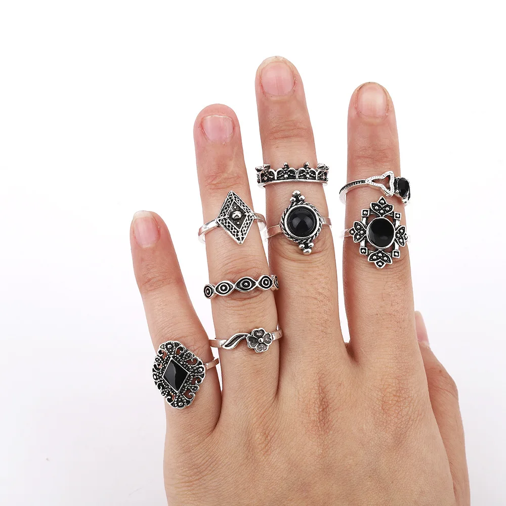 Cross-border popular jewelry, retro black drip ring set, geometric irregular ring nine-piece set