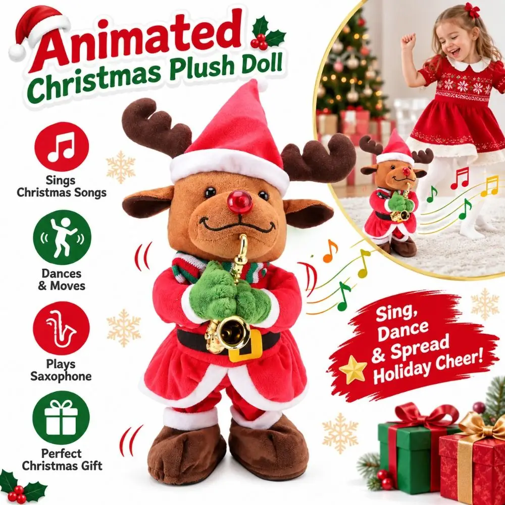 Swinging Motion Animated Christmas Plush Doll Cotton Filling Festive Christmas Musical Plush Toy Battery Powered