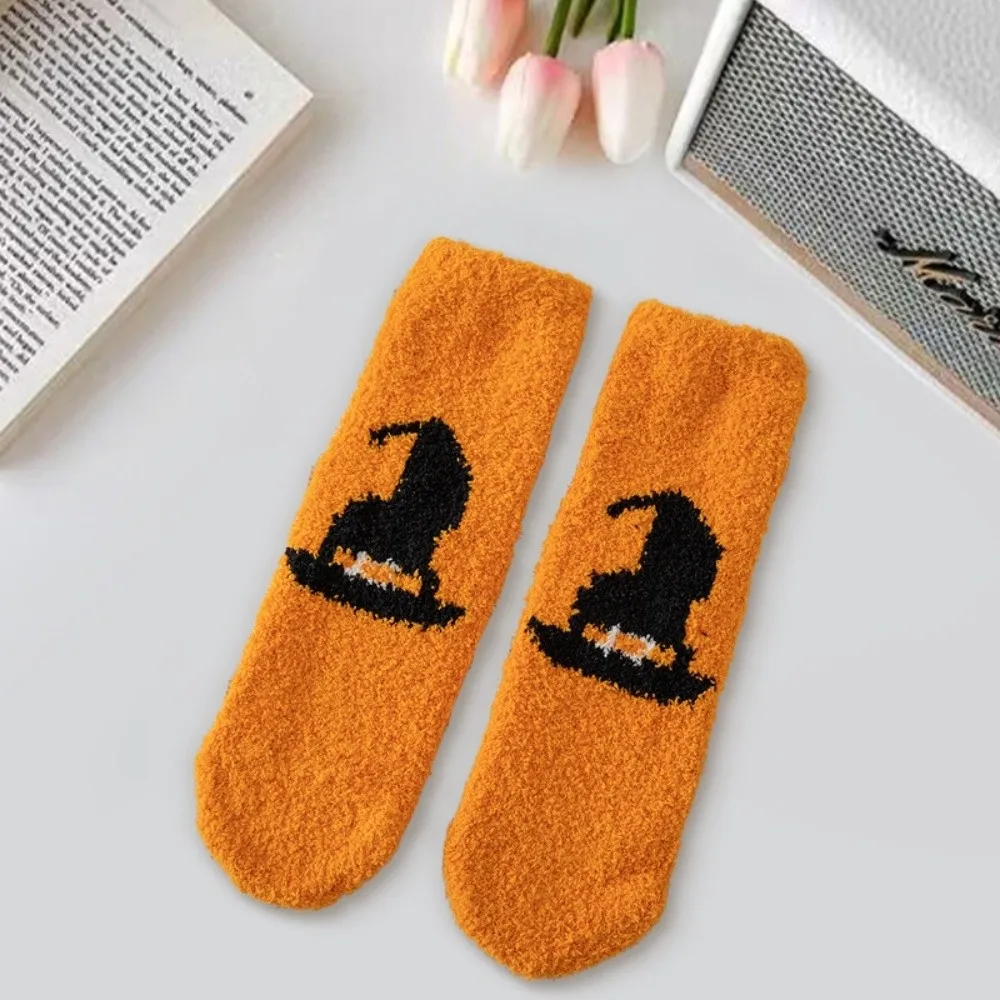 4pairs/set Coral Fleece Halloween Socks Breathable Elastic Pumpkin Wizard Hat Tube Socks Soft Warm Bat Ghost Mid-Calf Socks