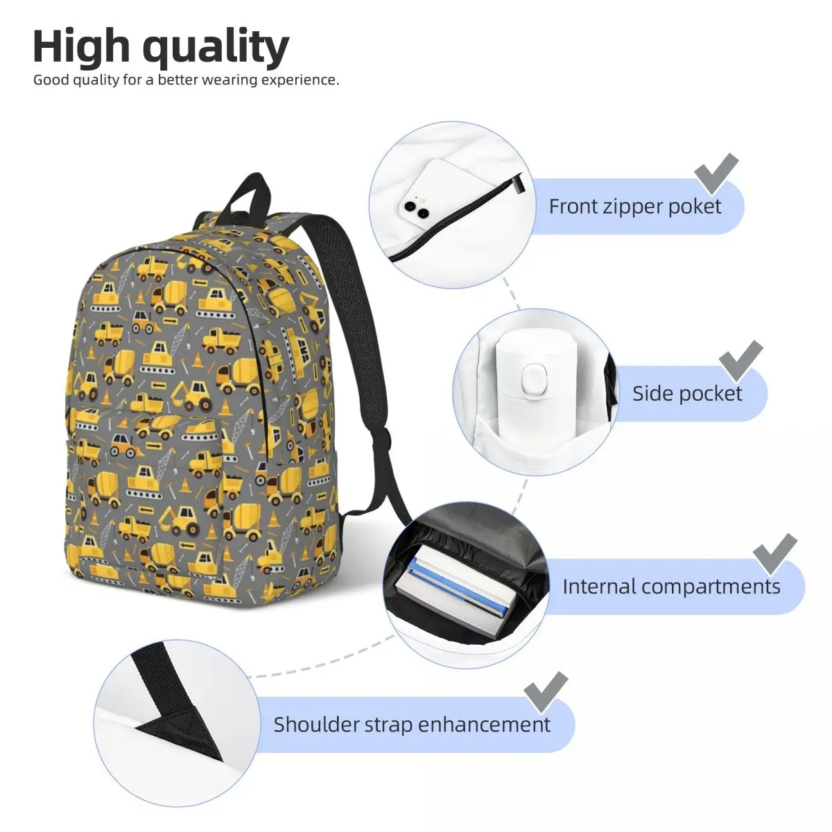 Construction Truck On Gray Backpack for Boy Girl Kids Student School Book Bags Daypack Preschool Primary Bag Outdoor