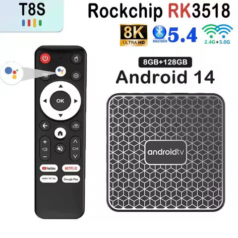 T8S Android14.0 Smart TV Box Rockchip RK3518 2.4&amp;5G Wifi6 8GB 128GB BT 5.4 with Google Voice Remote 4K 8K Streaming Media Player
