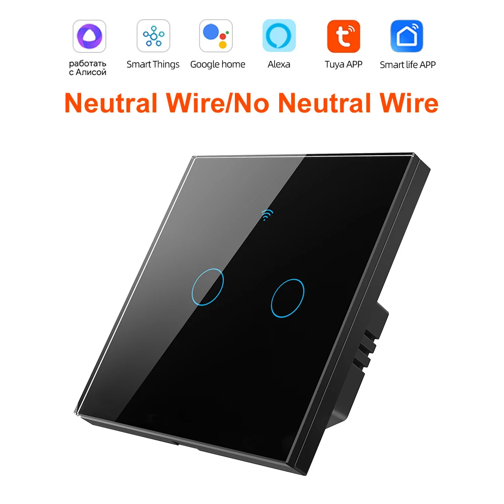 Tuya Smart Wifi Lichtschakelaar Geen Neutrale Draad Touch Panel EU 1/2/3 Gang Wandschakelaar Draadloze bediening Spraakbesturing Alexa Google