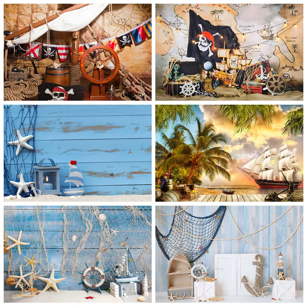 

Pirate Sailor Blue Theme Sailing ShipTreasure Starfish Background Custom Boy Birthday Party Decoration Banner Poster Studio