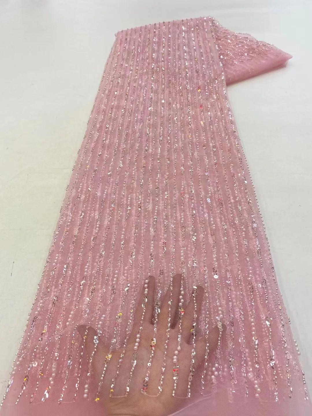 

Luxuious Pink Nigerian Luxury Sequins Tulle Lace Fabric 2023 French Handmade Beads And Perals 5 Yards Lace For Woman Party Dress