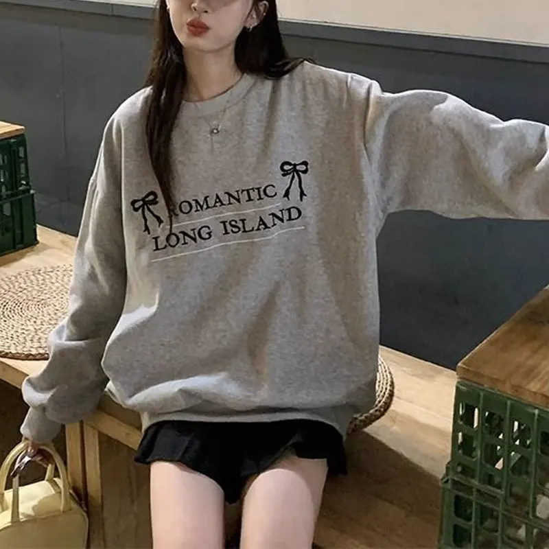 

Sweet Bow Printed Letter Hoodies Spring Autumn Casual Long Sleeve Female Clothing Fashionable O-Neck Loose Korean Sweatshirts