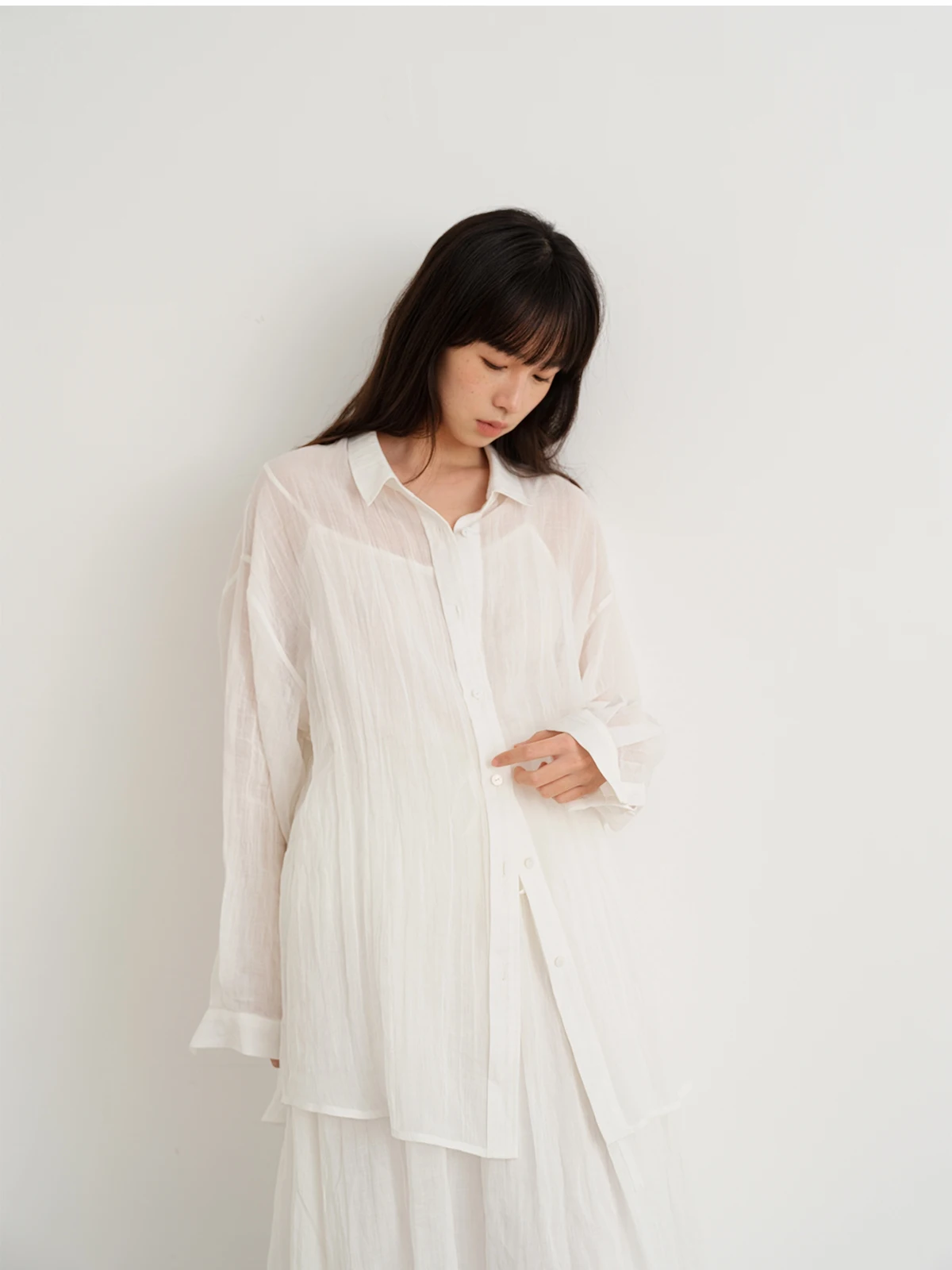 

Classic Commuter Sle White irt l Texture Casual Long Women's Linen irt mat Design Button up Pure Color